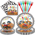 96 Pieces Monster Truck Birthday Tableware Set – Race Car Theme Disposable Plates, Napkins, and Forks for Kids Birthday Party or Racing Event, Serves 24 Guests by Herytem