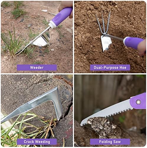 Purple Garden Tool Set Gardening Items for Women - 11PCS Heavy Duty Garden Tools with Detachable Storage Bag, Weeder, Dual-Purpose Hoe - Image 5