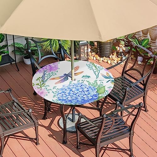 Fitted Round Tablecloth with Umbrella Hole and Zipper Flowers Hydrangeas Outdoor Elastic Table Cloth 45"-56" Oil-Proof Waterproof Dragonflies Patio Table Cover for Picnic Party - Image 7