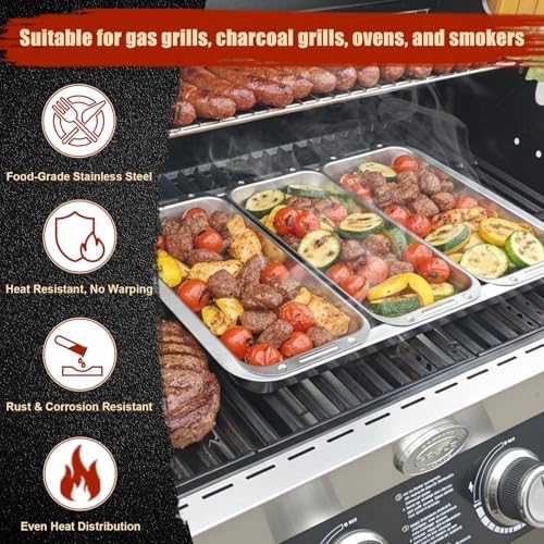 BBQ Vegetable Grill Basket Set, 4 Piece Stainless Steel Grill Pan Set with Universal Handle & lid, Dishwasher Safe, for Outdoor Cooking, Camping, Picnic, For Grilling Fish Veggies & Meats - Image 2