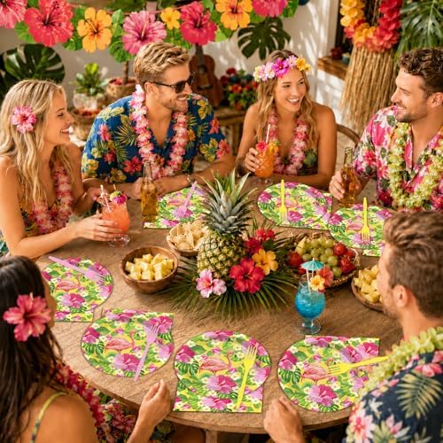 96PCS Hawaiian Luau Party Paper Plates and Napkins Hawaiian Party Supplies Summer Hibiscus Plates Tropical Aloha Palm Leaves Disposable Tableware Set for Beach Pool Birthday Baby Shower Decorations - Image 5