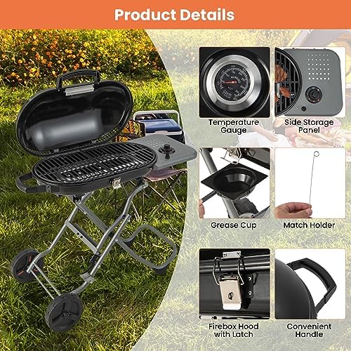 Giantex Portable Propane Gas Grill with 15,000 BTUs Burner, Side Table, 2 Wheels, Grease Tray, Metal Frame, Folding Stand-Up Propane Gas Grill for Outdoor Cooking Camping Barbecue (Black) - Image 3