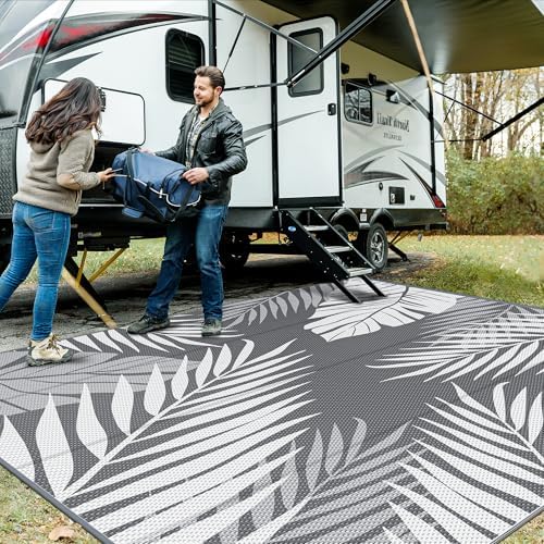 GENIMO Outdoor Rug, Waterproof Plastic Rugs for Patio, 10'x10' Grey White by GENIMO