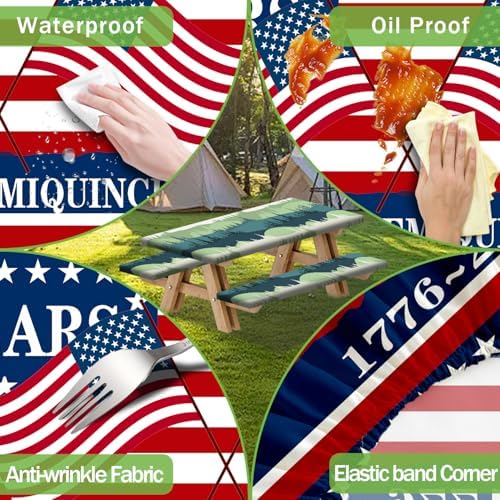 250th Anniversary America Flag Picnic Table Cover with Bench Covers Camping Essentials 250 USA Flag 1776-2026 Waterproof Fitted Camping Tablecloth Cover with Elastic Edge for Outdoor 3 PCS 30x72 Inch - Image 6