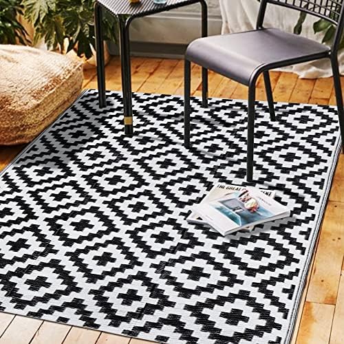 SAND MINE Waterproof Outdoor Rug 4x6 ft, Plastic Reversible Rug, Modern Area Rug, Large Floor Mat for Outdoors, RV, Patio, Backyard, Deck, Picnic, Beach, Camping (4' x 6', Black & White Lattice) by SANDMIND