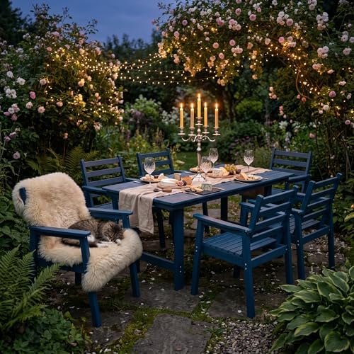 7-Piece Outdoor Dining Set, All-Weather HDPE Patio Furniture, 66.5" Slatted Table with 1.6" Umbrella Hole & 6 Ergonomic Armchairs, Heavy Duty 350lbs Capacity, UV Resistant, Blue - Image 2