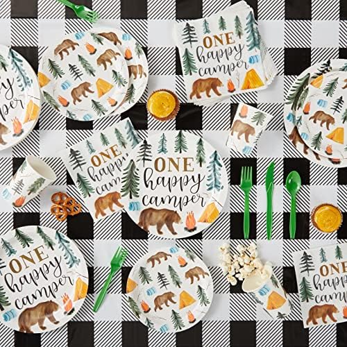 BLUE PANDA 80-Pack One Happy Camper Paper Plates - 9-Inch White Disposable Plates - Forest Bear & Campfire Design - Camping Theme Party & Baby Shower - Image 2
