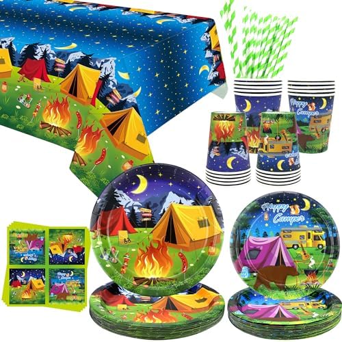 Camping Party Supplies - Camping Party Tableware - Dinner Plates Desserts Plates Cups Napkins Tablecover Straws for Boy Camper Campfire Forest Picnic Adventure Party Supplies, Serves 20 (20) by LSJDEER