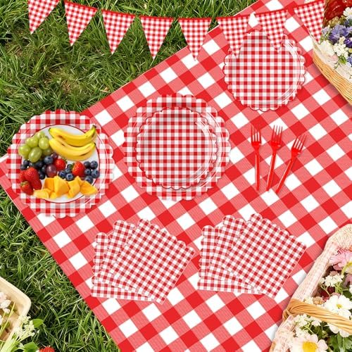 102 PCS Red Gingham Party Supplies - Christmas Scalloped Plates, Napkins, Forks, Banner, Gingham Tablecloth for Baby Shower, Birthday, Picnic Party Decorations, Serves 25 - Image 5