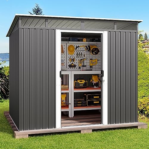 Gizoon 7.4'x5.3' Outdoor Storage Shed Metal Garden Shed with Sliding Lockable Doors, Versatile Tool Bike Shed with Transparent Panel Windows, Outdoor Storage Clearance for Backyard, Patio, Dark Gray by Gizoon