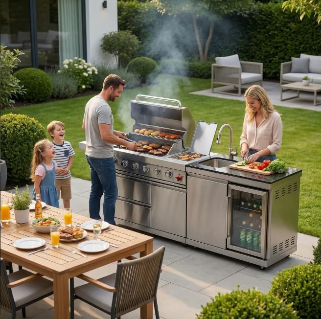 84" Outdoor Kitchen Island with 5-Burner 75,300 BTU Gas Grill,Rotisserie Oven,Mini Wine Fridge,Side Burner,Sink & Side Shelf.Included Natural Gas Converter,Movable BBQ Island for Patio & Backyard. - Image 4
