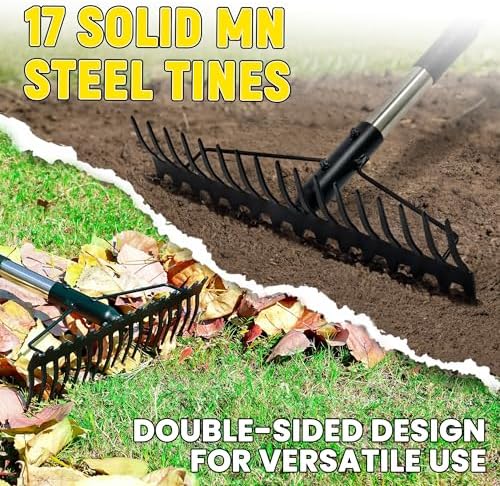 Bow Rake, 68-Inch Adjustable Handle Garden Rake with 17 Steel Tines, Heavy Duty Dual-Sided Metal Rake Landscape Gardening Tool for Soil Loosening Lawn Yard Leaves Mulch Thatch Removing - Image 3
