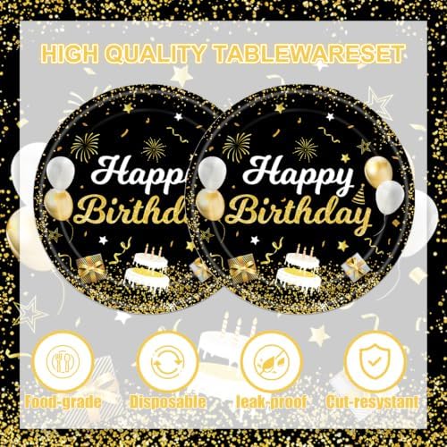 40Pcs Black Gold Glitter Happy Birthday Party Decorations Paper Plates and Napkins for Adult Men Women Birthday Celebrations,Suitable for 20 Guests - Image 4
