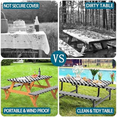Picnic Table Cover with Bench Covers and Bag, Black and White Checkered Buffalo Plaid Camping Tablecloth Waterproof Windproof Elastic Edges Fitted Gingham Tablecloth for Outdoor Garden 3PCS 30x60 Inch - Image 4