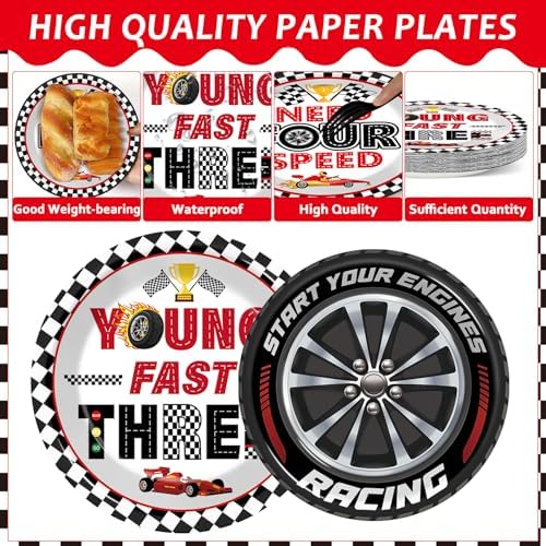 96PCS Race Car Themed 3rd Party Paper Plates and Napkins and Forks Set Young Fast Three Party Tableware Racing Checkered Flag Disposable Dinnerware for Kids Birthday Gatherings Decorations - Image 3