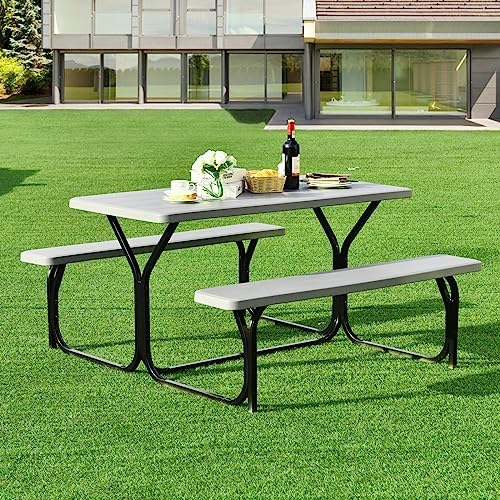 ORALNER Picnic Table, Resin Dining Table & 2 Benches Set, Weather Resistant Wood Grain Plastic Tabletop & Steel Frame, Picnic Tables for Outdoors, Porch Yard Patio Lawn Party Camping (Grey) - Image 3