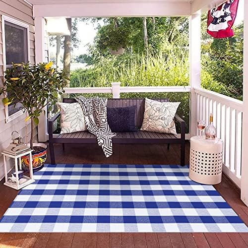 SEEKSEE Buffalo Plaid Rug 4' x 6' Blue and White Large Front Door Mat, Layering Area Rug, Summer Rug for Outdoor Patio Entryway Indoor Living Room Kitchen Dining Room Decor - Image 5