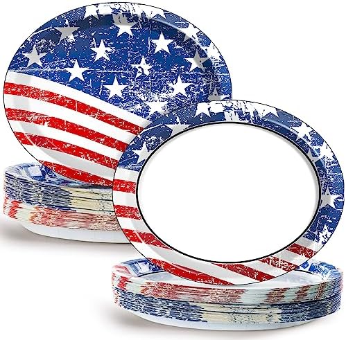50 PCS Patriotic Oval Paper Plates Large 11’’ Disposable American Flag Party Decorations 4th of July Independence Day Supplies Favor for Memorial Day Picnic All Occasion Dinner Party Tableware Set by Qyeahkj