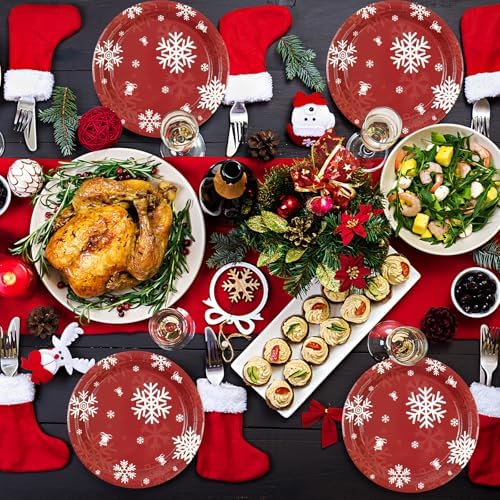 50PCS Christmas Paper Plates, 7 Inches Xmas Plates Disposable Red Snowflake Dinner Dessert Tableware Dinnerware Set for Christmas Winter Holiday Party Supplies Decorations Table Decor - Image 6