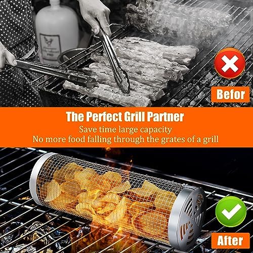10-Piece BBQ Set: 2 Rolling Grill Baskets for Effortless Flipping, 304 Stainless Steel for Easy Clean, Sausage & Vegetables, Oil Bottle, Forks, Brushes, Outdoor Camping Grilling Accessories, Gifts for Men Dad Husband - Image 3