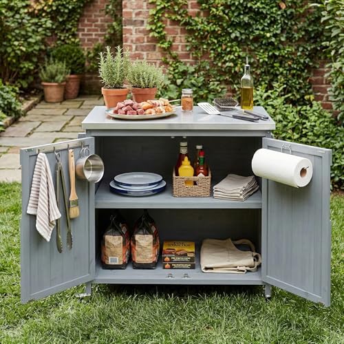 42.1" Outdoor Kitchen Island with Side Shelf and Stainless Top, Grey Blue - Image 3