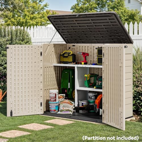 YITAHOME 30 cuft Outdoor Storage Shed w/o Shelf, Horizontal Storage Cabinet for Garden Tool, Waterproof Storage Shed Plastic for Garage, Resin Pool Storage, Easy to Assemble, Khaki & Brown - Image 3
