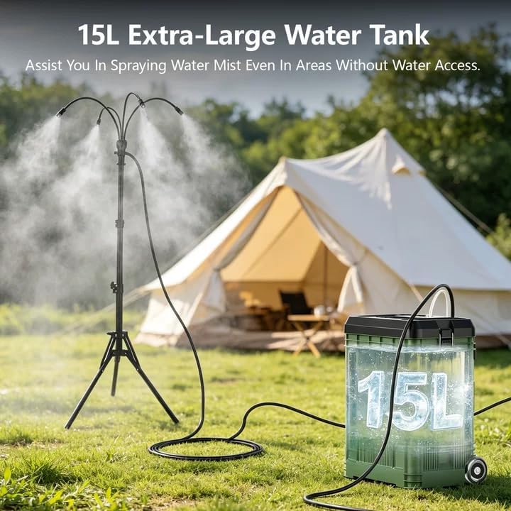 Misters for Outside Patio, Standing Portable Misting Cooling System with Adjustable Height(up to 47in), with 10000mAh Water Pump, 15L Bucket, 8 Nozzles, for Outdoor Patio Cooling Pool BBQ - Image 2