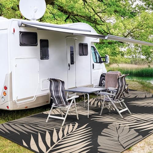 GENIMO Outdoor Rug, Waterproof Plastic Rugs 10'x14' for Camping Black Beige - Image 5