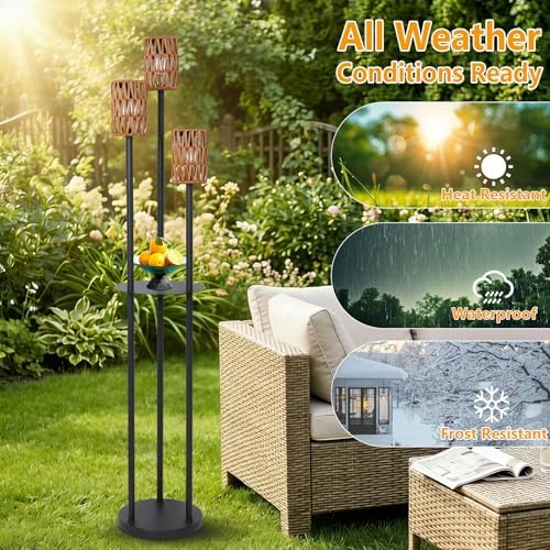 Solar Outdoor Floor Lamp Waterproof, Cordless Outdoor Lamps for Patio with Shelves Plant Stand, Rattan Solar Lamp for Outside, Wireless Outdoor Light for Yard Garden Deck Porch Decor - Image 5