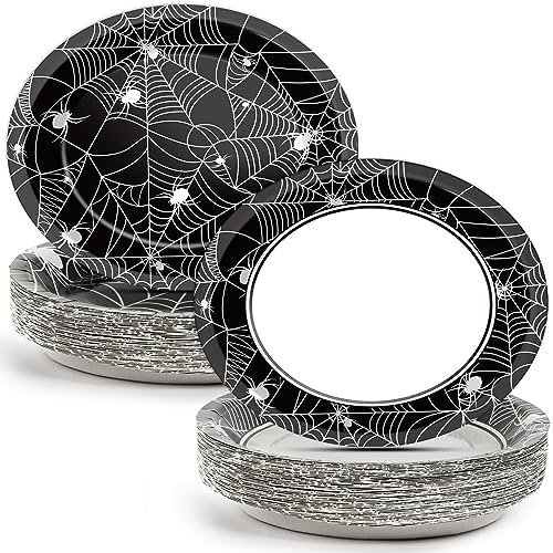 50 PCS Halloween Oval Paper Plates Large 11” Disposable Halloween Spider Web Party Decorations Heavy Duty Halloween Black and White Dessert Plates Dinner Supplies for Halloween Party Tableware Set by Qyeahkj