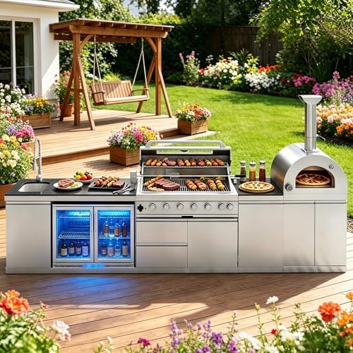147" Modular Outdoor Kitchen,120,000 BTU Stainless Steel Natural Gas BBQ Grill with Built-In Pizza Oven,Rotisserie,Double Door Refrigerator,Granite Countertop,Storage Drawers & Cabinets. by Unknown