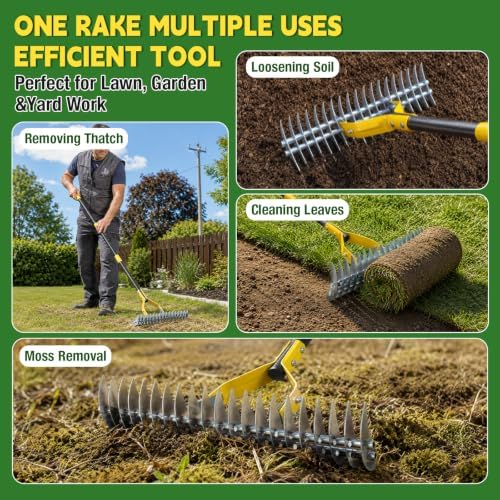 Thatch Rakes , 15-Inch Wide Thatching Rake for Cleaning Dead Grass, 55-Inch Efficient Steel Dethatcher Rake with Adjustable Metal Handle, Thatch Rakes for Lawns, Garden, Yard - Image 7