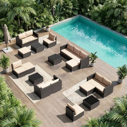 Patio Furniture Set - All-Weather -5 Piece Outdoor Patio Conversation Couch Sets, Modular Wicker Rattan Sectional Sofa for Garden, Patio, Poolside, Backyard, Balcony, Porch,Khaki - Image 5