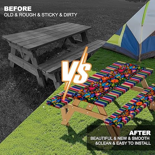 Mexico Picnic Table Cover with Bench Covers and Bag, Camping Essentials, Cinco De Mayo Fiesta Stripes Fitted Table Cover, 6ft Outdoor Tablecloth Waterproof Windproof with Elastic Edge 3 PCS 30x60 Inch - Image 4