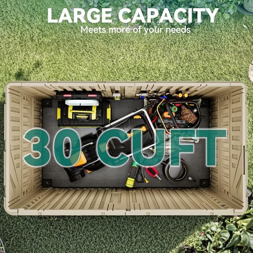 YITAHOME 30 CuFt Outdoor Storage Shed with Shelf, Horizontal Storage Cabinet for Garden Tool, Waterproof Outdoor Storage Shed for Garage, Resin Pool Storage, Easy to Assemble, Khaki & Brown - Image 2