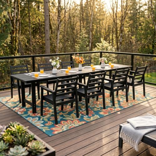 10-Piece Outdoor Dining Set, All-Weather HDPE Patio Furniture, Two 66.5" Slatted Table with 1.6" Umbrella Hole & 8 Ergonomic Armchairs, Heavy Duty 350lbs Capacity, UV Resistant, Black - Image 2