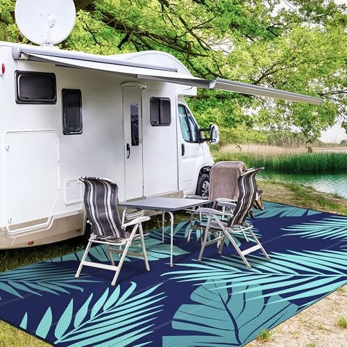 GENIMO Outdoor Rug, Waterproof Plastic Rugs 10'x14' for Camping Blue Green - Image 4