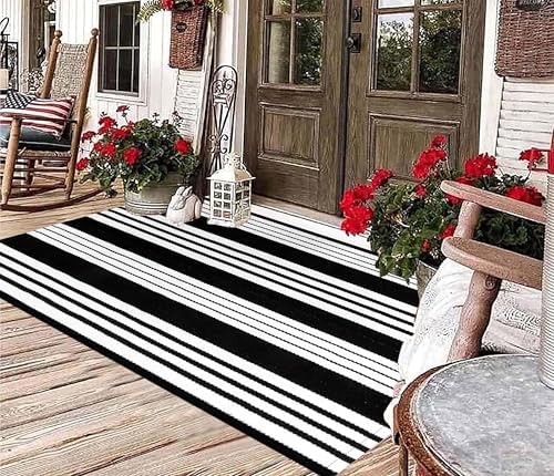 Black and White Outdoor Rug 3'x 5',Striped Farmhouse Front Porch Mat - Image 5