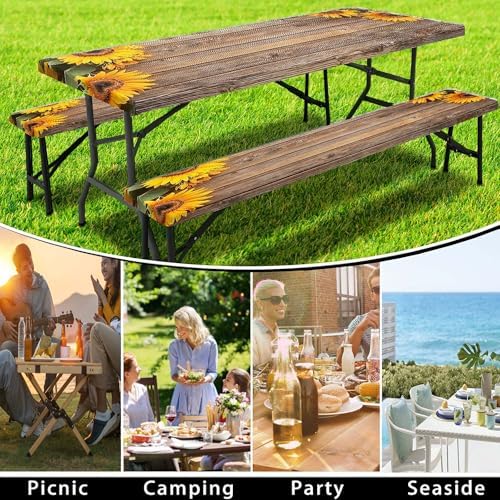Sunflower Picnic Table Cover with Bench Covers, Waterproof Windproof, Camping Essentials, Fitted Tablecloth Cover with Elastic Edge, for Indoor & Outdoor, Garden, Camping, 3 Pieces Set, 30x96 Inch - Image 5