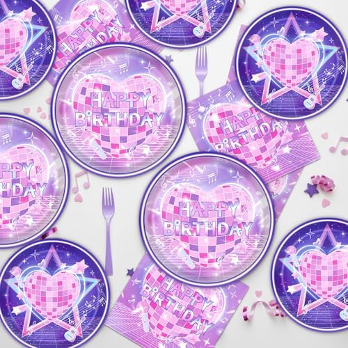Pink and Purple Party Decorations, 96PCS Magical Music Theme Paper Plates and Napkins Decorations, Cute Singer Happy Birthday Forks Decor Supplies Serve 24 - Image 5