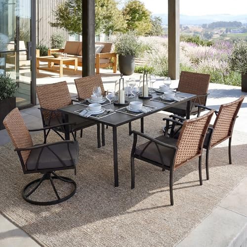 7-Piece Patio Dining Set for 6, Outdoor Dining Set with Wicker Swivel Patio Dining Chairs with Cushions & Black Rectangular Woodgrain Dining Table with 1.75”Umbrella Hole, Black & Brown - Image 3