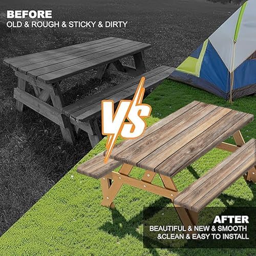 Picnic Table Cover with Bench Covers Camping Essentials Farmhouse Waterproof Windproof Wood Grain Camping Tablecloth Fitted Tablecloth Cover with Elastic Edge for Indoor & Outdoor 3 PCS 30x72 Inch - Image 5