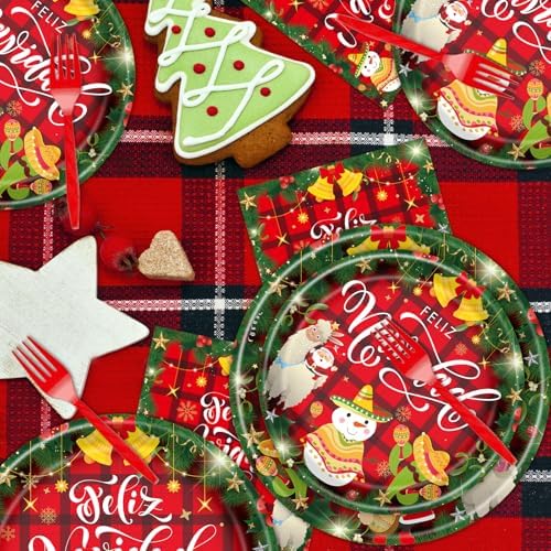 Feliz Navidad Party Decorations Tableware, 96PCS Mexican Christmas Glitter Disposable Paper Plates and Napkins Decoration, Spanish Feliz Navidad Forks Decor Supplies for 24 Guest - Image 5