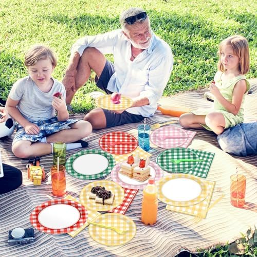 96 Pcs Camp Checkered Paper Plates and Napkins Plaid Checkered Bachelorette Party Supplies Glamping Birthday Tableware Set Spring Summer Plaid Camping Themed Party Favors Baby Bridal Shower - Image 6