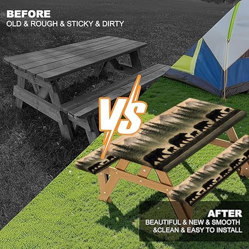 Picnic Table Cover with Bench Covers and Bag, Forest Mountain Bear Wooden Waterproof Windproof, Fitted Tablecloth Cover with Elastic Edge, for Indoor & Outdoor, Garden, Camping, 3 PCS 30x72 Inch - Image 5