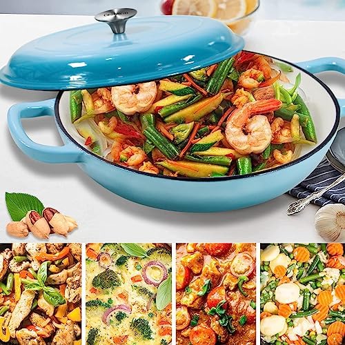 3.8 Quart Enameled Cast Iron Braiser Pan with Lid, Shallow Dutch Oven, Teal - Image 2