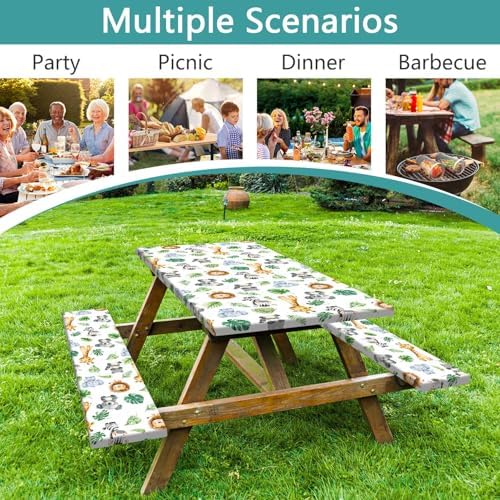Jungle Safari Picnic Table Cover with Bench Covers, Camping Essentials, Animal Print Waterproof Windproof Table Cover, Fitted Tablecloth Cover with Elastic Edge, for Indoor & Outdoor 3 PCS 30x72 Inch - Image 4