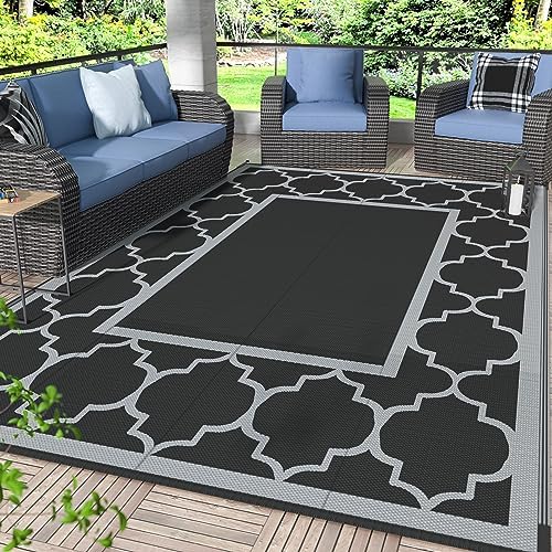 GENIMO Outdoor Rug, Waterproof Plastic Rugs for Patio, 6'x9' Black Gray by GENIMO