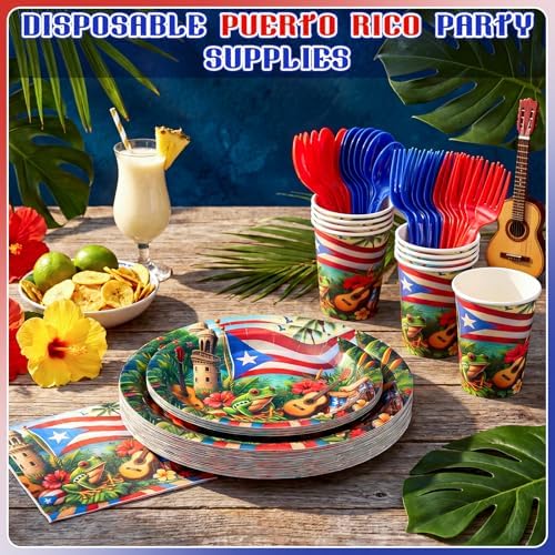 FoldTier 350 Pcs Puerto Rico Party Supplies Disposable Paper Plates Napkins Cups Puerto Rico Theme Birthday Party Decorations Tableware Flag Frog for Holiday Festival Family Friends Serve 50 Guests - Image 2