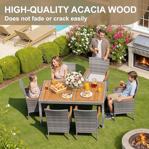 Devoko 7 PCS Acacia Wood Patio Dining Set, Gray Rattan - Image 3